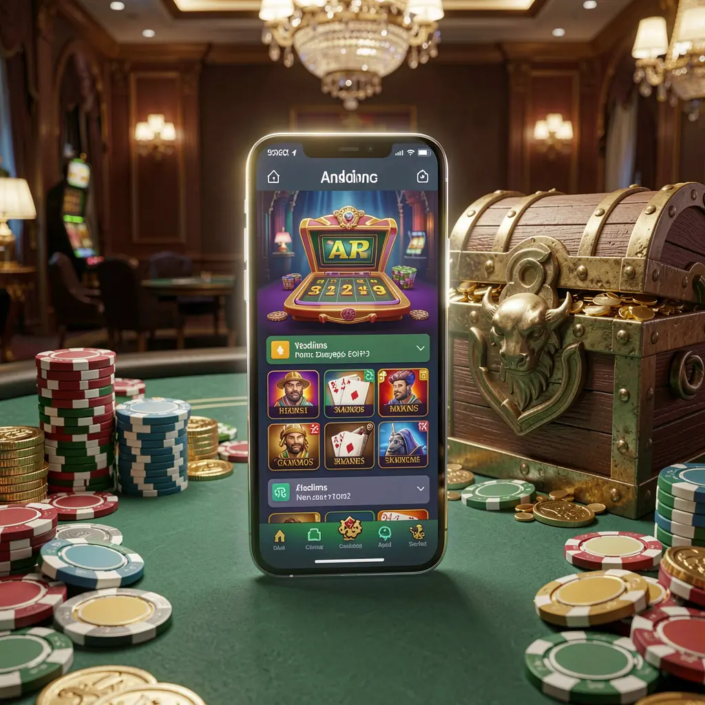 CPJILI Casino APK download scene featuring a glowing smartphone displaying an Android-style mobile app layout, surrounded by a treasure chest, chips, and coins in a luxury 3D render