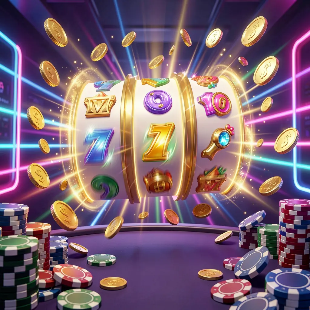 CPJILI online casino free spins bonus concept featuring colorful slot machine reels spinning with golden light effects, flying coins, jackpot symbols, and casino chips on a vibrant neon background in a dynamic 3D render