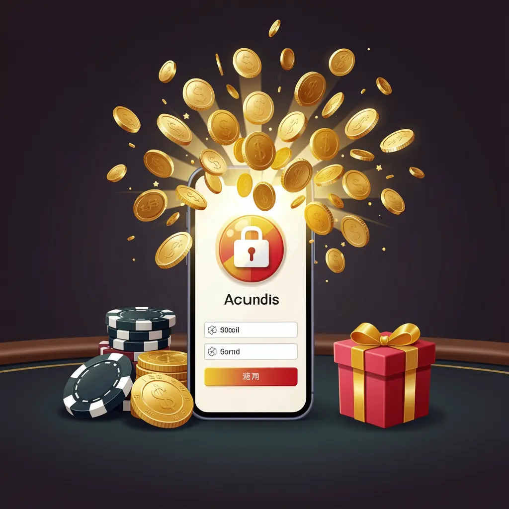 CPJILI casino user login illustration showing a phone with a secure access icon, golden coins bursting from the screen, poker chips and a gift box nearby on a dark premium background