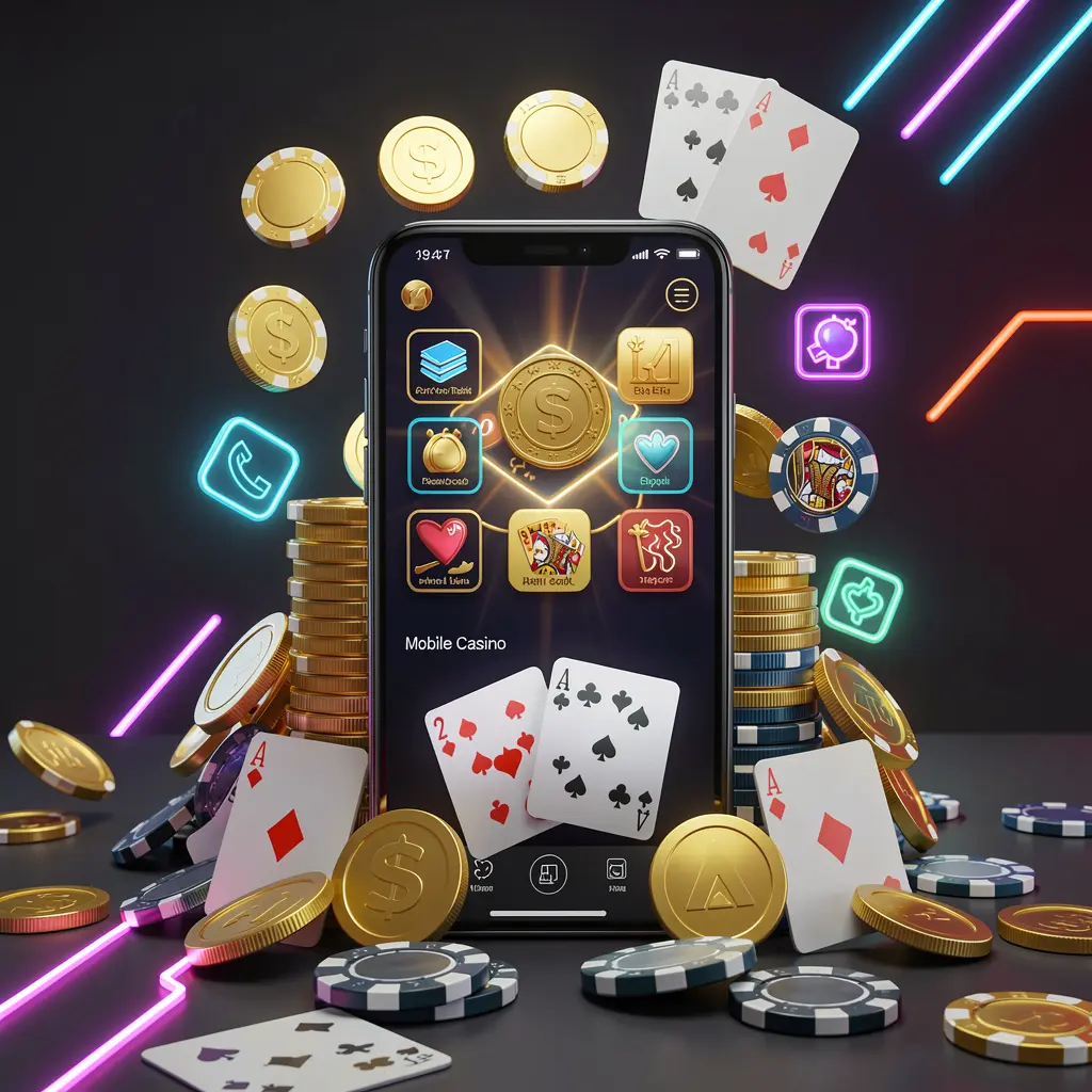 CPJILI mobile casino homepage concept featuring a smartphone surrounded by golden coins, chips, cards, and glowing icons on a modern dark background with neon accents